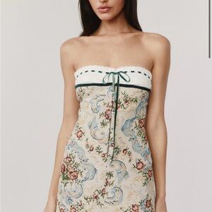 With Jean Strapless Floral Brocade Dress with Green Trim